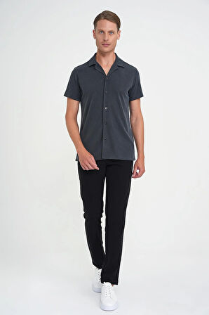 Slim Fit Apaş Yaka Modal Karışımlı Kısa Kol İndigo Gömlek G 1590