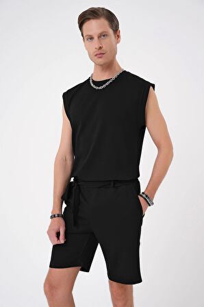 Bermuda 035 Comfort Fit Bağcıklı Bel Viskon Karışımlı Casuel Siyah Şort