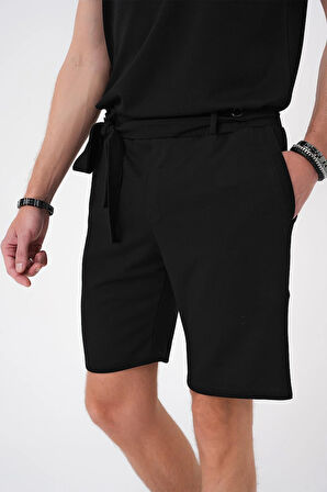 Bermuda 035 Comfort Fit Bağcıklı Bel Viskon Karışımlı Casuel Siyah Şort