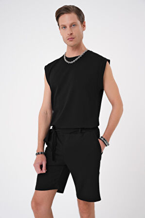 Bermuda 035 Comfort Fit Bağcıklı Bel Viskon Karışımlı Casuel Siyah Şort