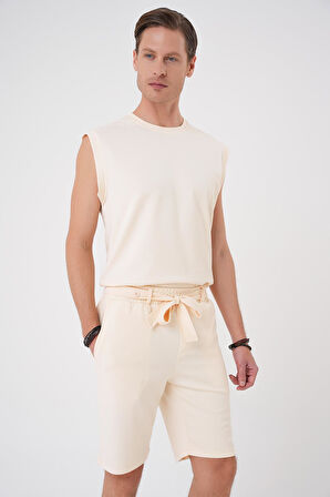 Bermuda 035 Comfort Fit Bağcıklı Bel Viskon Karışımlı Casuel Bej Şort
