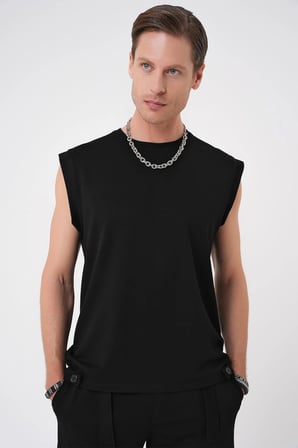 Ts 898 Comfort Fit Bisiklet Yaka Esnek Pamuk Kolsuz Spor Siyah Tişört
