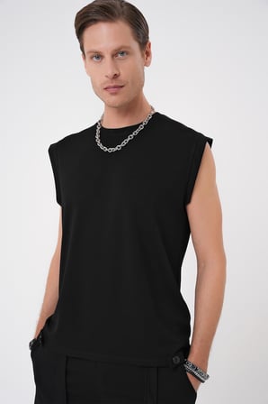 Ts 898 Comfort Fit Bisiklet Yaka Esnek Pamuk Kolsuz Spor Siyah Tişört