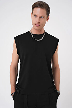 Ts 898 Comfort Fit Bisiklet Yaka Esnek Pamuk Kolsuz Spor Siyah Tişört