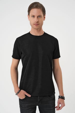 Ts 896 Comfort Fit Bisiklet Yaka Viskon Karışımlı Dokulu Casuel Siyah Tişört
