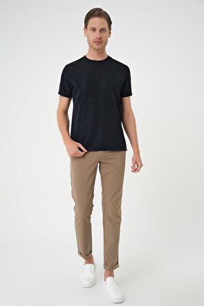 Ts 896 Comfort Fit Bisiklet Yaka Viskon Karışımlı Dokulu Casuel Lacivert Tişört