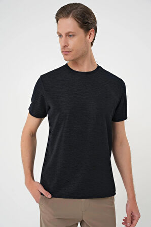 Ts 896 Comfort Fit Bisiklet Yaka Viskon Karışımlı Dokulu Casuel Lacivert Tişört