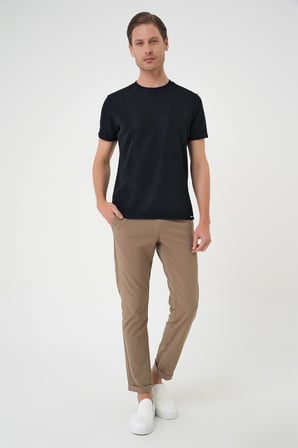 Ts 896 Comfort Fit Bisiklet Yaka Viskon Karışımlı Dokulu Casuel Lacivert Tişört