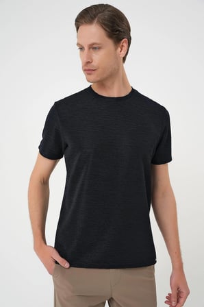 Ts 896 Comfort Fit Bisiklet Yaka Viskon Karışımlı Dokulu Casuel Lacivert Tişört