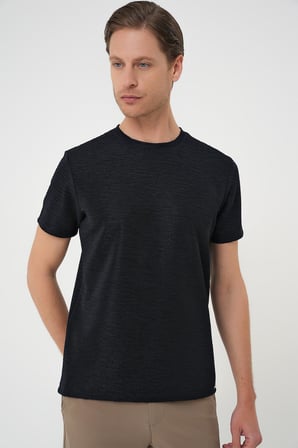 Ts 896 Comfort Fit Bisiklet Yaka Viskon Karışımlı Dokulu Casuel Lacivert Tişört