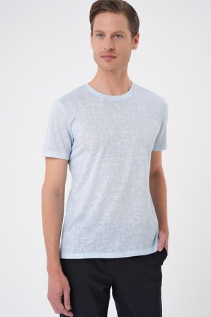 Comfort Fit Bisiklet Yaka Viskon Karışımlı Casual Mavi Tişört Ts 902