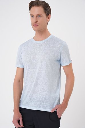 Comfort Fit Bisiklet Yaka Viskon Karışımlı Casual Mavi Tişört Ts 902
