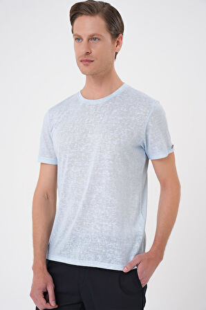 Comfort Fit Bisiklet Yaka Viskon Karışımlı Casual Mavi Tişört Ts 902