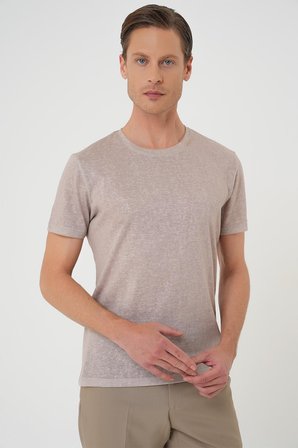 Ts 902 Comfort Fit Bisiklet Yaka Viskon Karışımlı Casual Kum Beji Tişört
