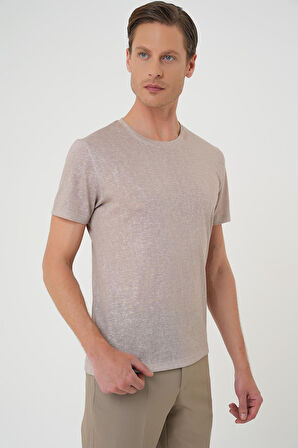 Ts 902 Comfort Fit Bisiklet Yaka Viskon Karışımlı Casual Kum Beji Tişört
