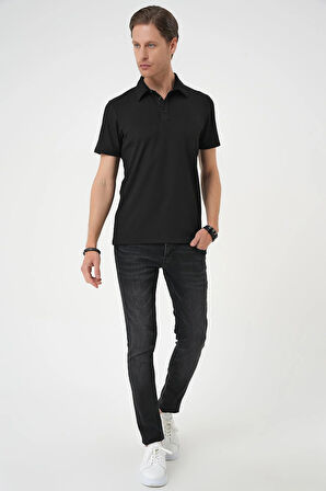 Ts 901 Comfort Fit Polo Yaka Viskon Karışımlı Casual Siyah Tişört