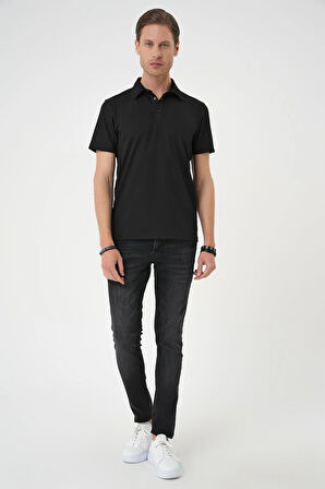 Ts 901 Comfort Fit Polo Yaka Viskon Karışımlı Casual Siyah Tişört
