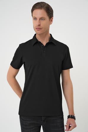 Ts 901 Comfort Fit Polo Yaka Viskon Karışımlı Casual Siyah Tişört