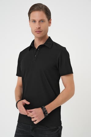 Ts 901 Comfort Fit Polo Yaka Viskon Karışımlı Casual Siyah Tişört