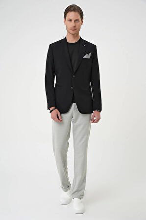 Slim Fit Mono Yaka Fleto Cepli Çift Yırtmaçlı Casual Siyah Ceket C 710