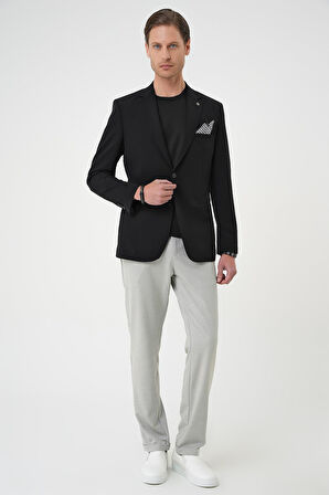 Slim Fit Mono Yaka Fleto Cepli Çift Yırtmaçlı Casual Siyah Ceket C 710