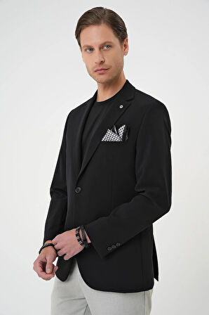 Slim Fit Mono Yaka Fleto Cepli Çift Yırtmaçlı Casual Siyah Ceket C 710