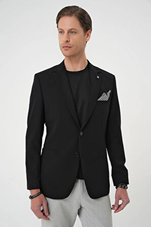Slim Fit Mono Yaka Fleto Cepli Çift Yırtmaçlı Casual Siyah Ceket C 710