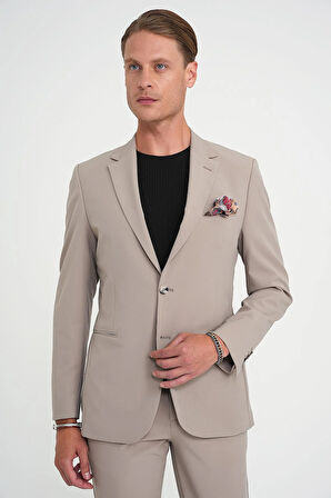 Slim Fit Mono Yaka Fleto Cepli Çift Yırtmaçlı Casual Vizon Ceket C 710