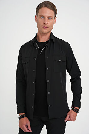 Comfort Fit Çıt Çıtlı Yandan Cepli Esnek Siyah Gömlek Ceket G 1591