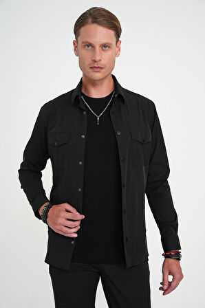 Comfort Fit Çıt Çıtlı Yandan Cepli Esnek Siyah Gömlek Ceket G 1591