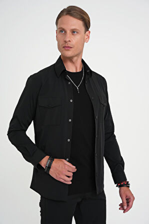 Comfort Fit Çıt Çıtlı Yandan Cepli Esnek Siyah Gömlek Ceket G 1591