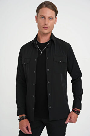 Comfort Fit Çıt Çıtlı Yandan Cepli Esnek Siyah Gömlek Ceket G 1591