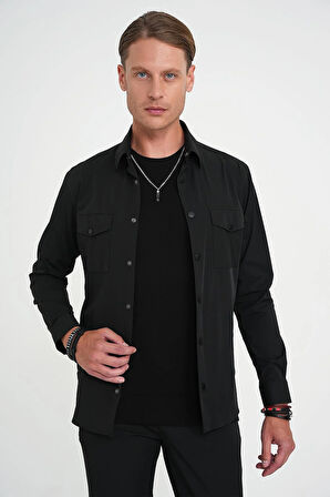 Comfort Fit Çıt Çıtlı Yandan Cepli Esnek Siyah Gömlek Ceket G 1591