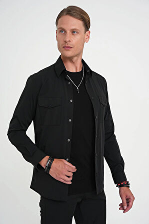 Comfort Fit Çıt Çıtlı Yandan Cepli Esnek Siyah Gömlek Ceket G 1591