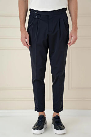 P 1172 Comfort Fit Beli Tokalı Çift Pileli Lacivert Jogger Pantolon