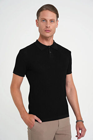 Comfort Fit Polo Yaka Kısa Kollu Siyah Triko Tr 883