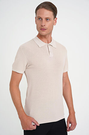Comfort Fit Polo Yaka Kısa Kollu Bej Triko Tr 883