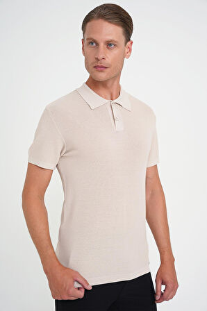 Comfort Fit Polo Yaka Kısa Kollu Bej Triko Tr 883