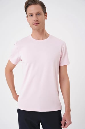 Ts 885 Comfort Fit Bisiklet Yaka Esnek Pamuk Casuel Pembe Tişört