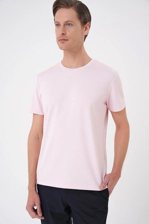 Ts 885 Comfort Fit Bisiklet Yaka Esnek Pamuk Casuel Pembe Tişört