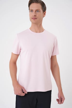 Ts 885 Comfort Fit Bisiklet Yaka Esnek Pamuk Casuel Pembe Tişört