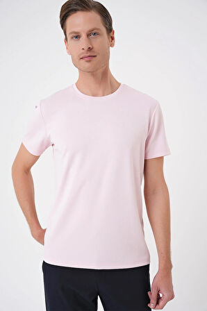 Ts 885 Comfort Fit Bisiklet Yaka Esnek Pamuk Casuel Pembe Tişört