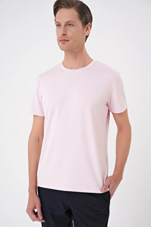 Ts 885 Comfort Fit Bisiklet Yaka Esnek Pamuk Casuel Pembe Tişört