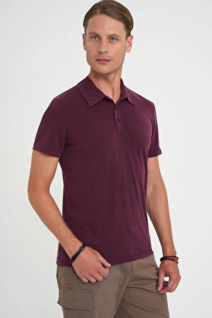 Ts 903 Comfort Fit Polo Yaka Modal Karışım Kısa Kol Casual Mürdüm Tişört