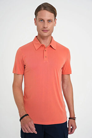 Ts 903 Comfort Fit Polo Yaka Modal Karışım Kısa Kol Casual Turuncu Tişört