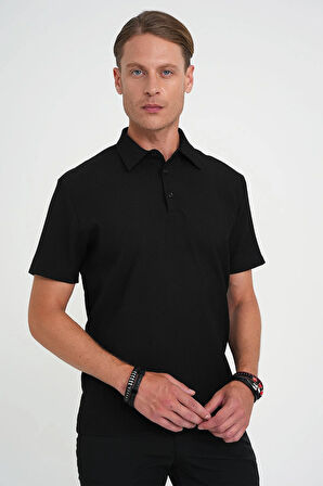 Slim Fit Polo Yaka Modal Fitilli Kısa Kol Siyah Tişört Ts 904