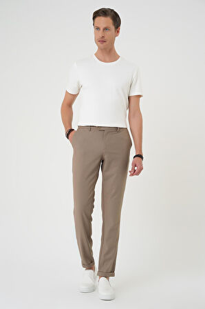 P 1186 Comfort Fit Beli Lastikli Dokulu Koyu Bej Jogger Pantolon 