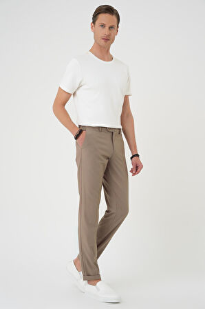 P 1186 Comfort Fit Beli Lastikli Dokulu Koyu Bej Jogger Pantolon 