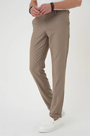 P 1186 Comfort Fit Beli Lastikli Dokulu Koyu Bej Jogger Pantolon 