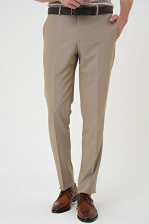 Slim Fit Pilesiz Yün Klasik Koyu Bej Kumaş Pantolon  P 1191